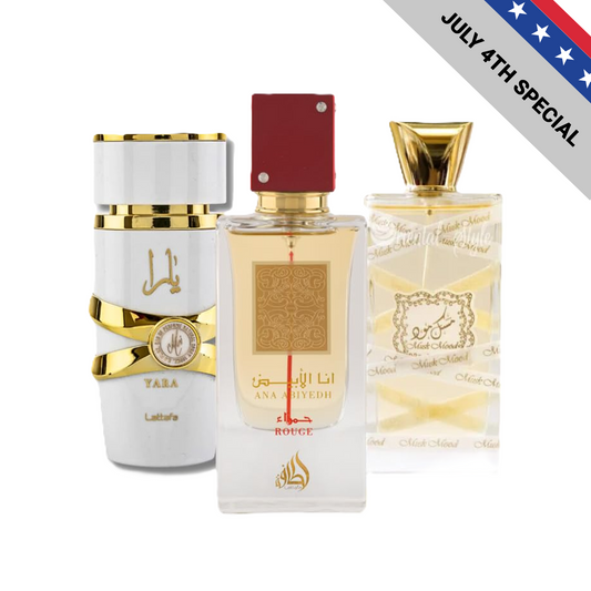 Lattafa Musk Mood, Ana Abiyedh Rouge & Yara Moi Fragrance Bundle for Everyone