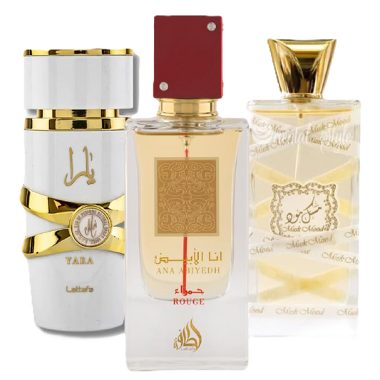 Lattafa Musk Mood, Ana Abiyedh Rouge & Yara Moi Fragrance Bundle for Everyone