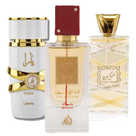 Lattafa Musk Mood, Ana Abiyedh Rouge & Yara Moi Fragrance Bundle for Everyone